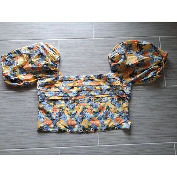 New Abercrombie Fitch Women's XL Square Neck Floral Ruched Puff Sleeve Crop Top - Picture 2 of 12